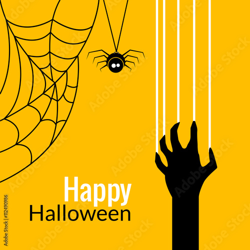 Halloween concept with scratching marks on yellow wall from zombie nails and spider on cobweb. Vector