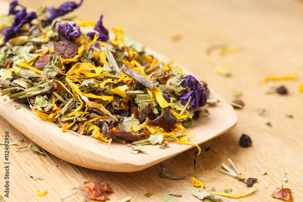 Pile of dry herb leaves and flower petals