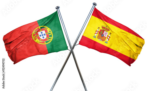 Portugal flag with Spain flag, 3D rendering