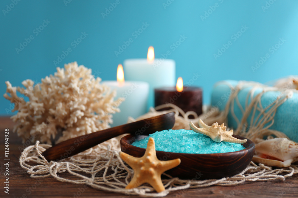 Beautiful spa composition on the table against blue background