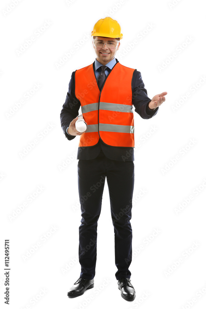 Engineer in vest and helmet holding blueprint isolated on white Engineer in vest and helmet holding blueprint isolated on white