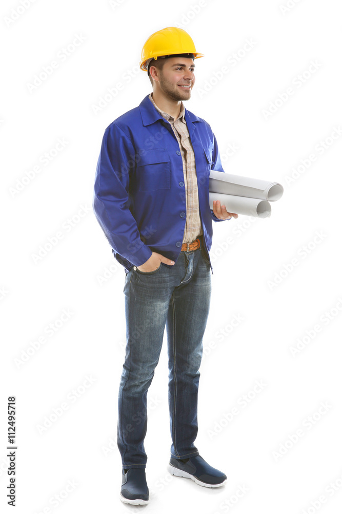 Engineer with blueprints and helmet isolated on white Engineer with blueprints and helmet isolated on white