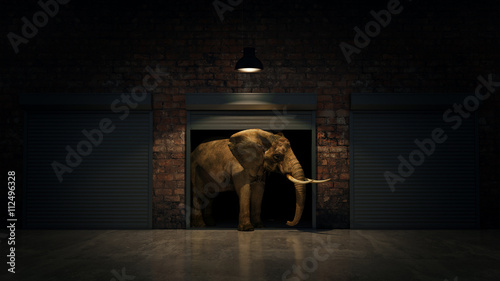 Canvas Print elephant in warehouse door. Creative concept. 3D Rendering