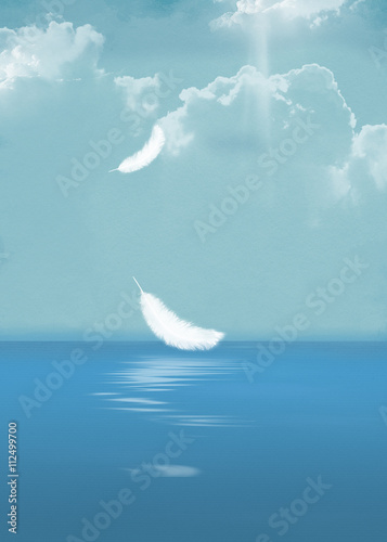 white feathers floating over blue ocean water with rippled reflection and sunbeam