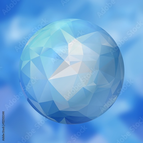 glass sphere with polygon pattern on blurred background - icy blue colored - 3D rendering