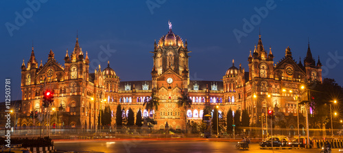 Chatrapati Shivaji Terminus earlier known as Victoria Terminus in Mumbai, India. Ninght panorama