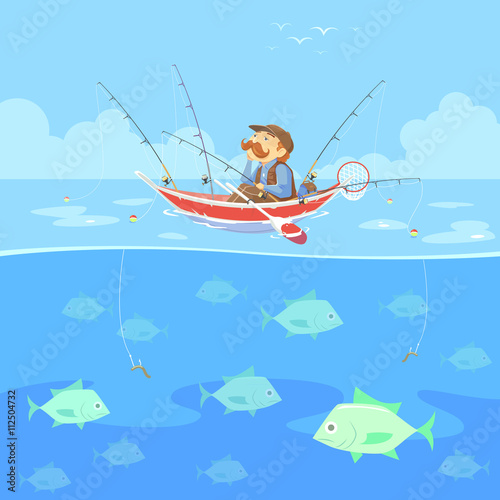 cartoon man no fishing boat, vector