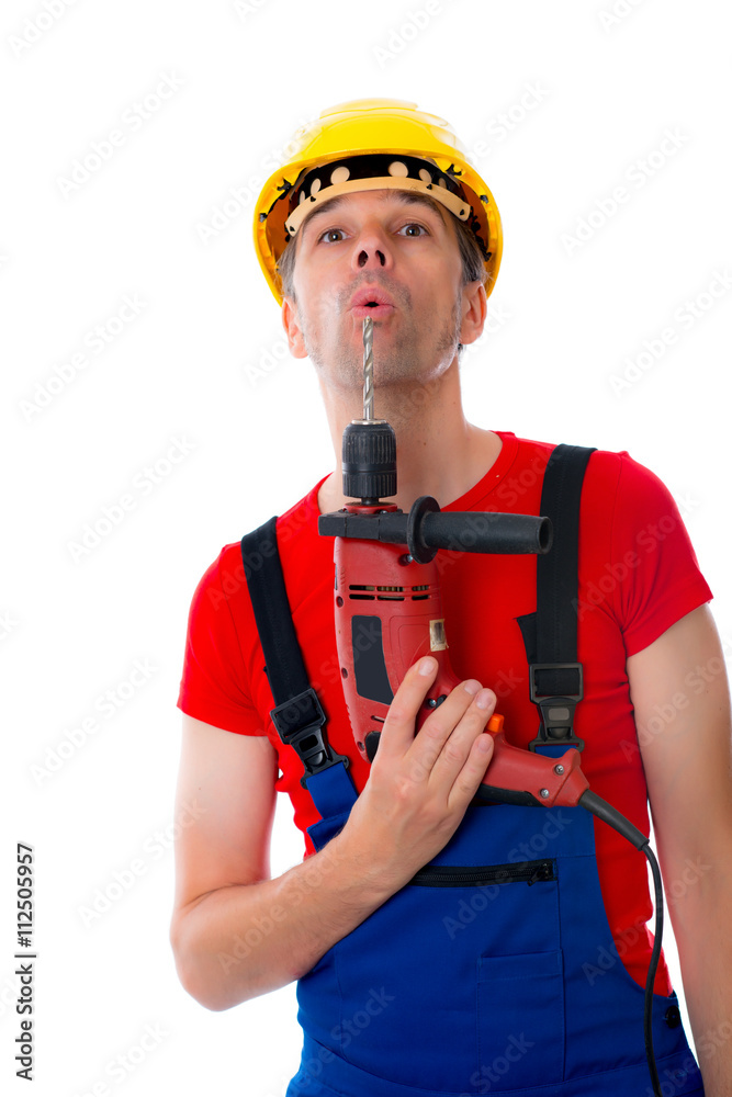 handcrafter with helmet and drilling machine handcrafter with helmet and drilling machine