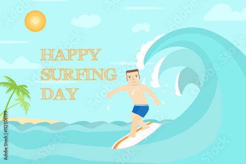 Happy surfing day flat design. The man surfing on the ocean. For web design and application interface, also useful for infographics. Vector illustration. © sivvector