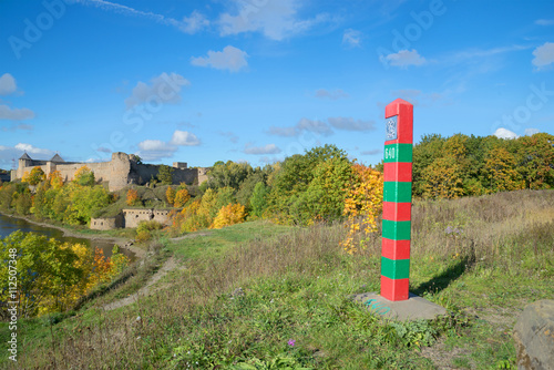The Russian border post at Ivangorod fortress, september day. Leningrad region, Russia