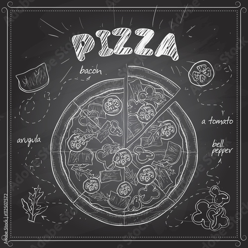 Pizza with bacon scetch on a black board
