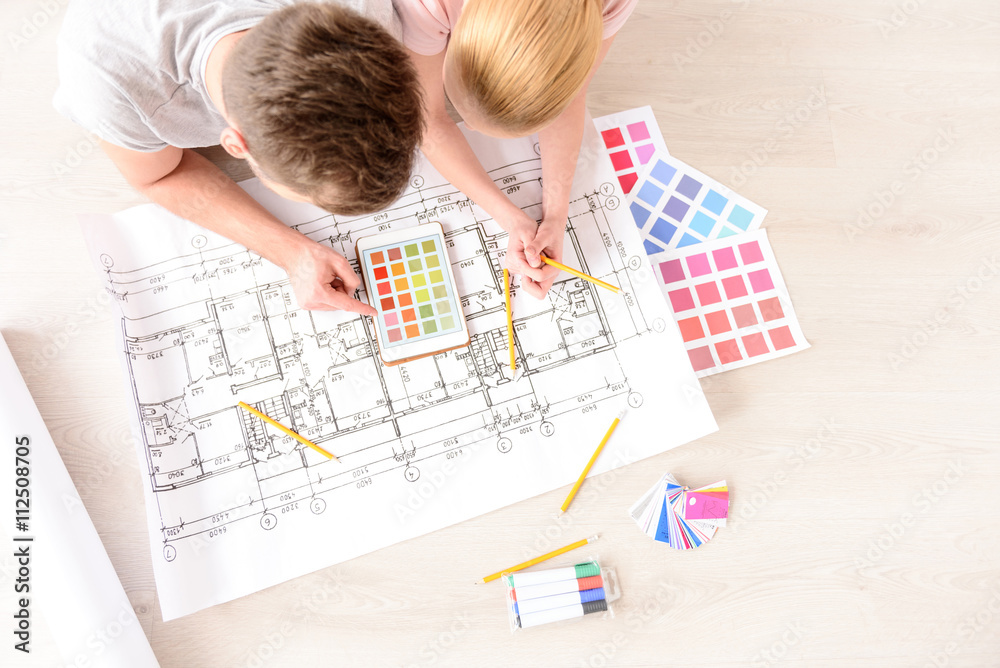 Architectural plan of house with color palette Architectural plan of house with color palette