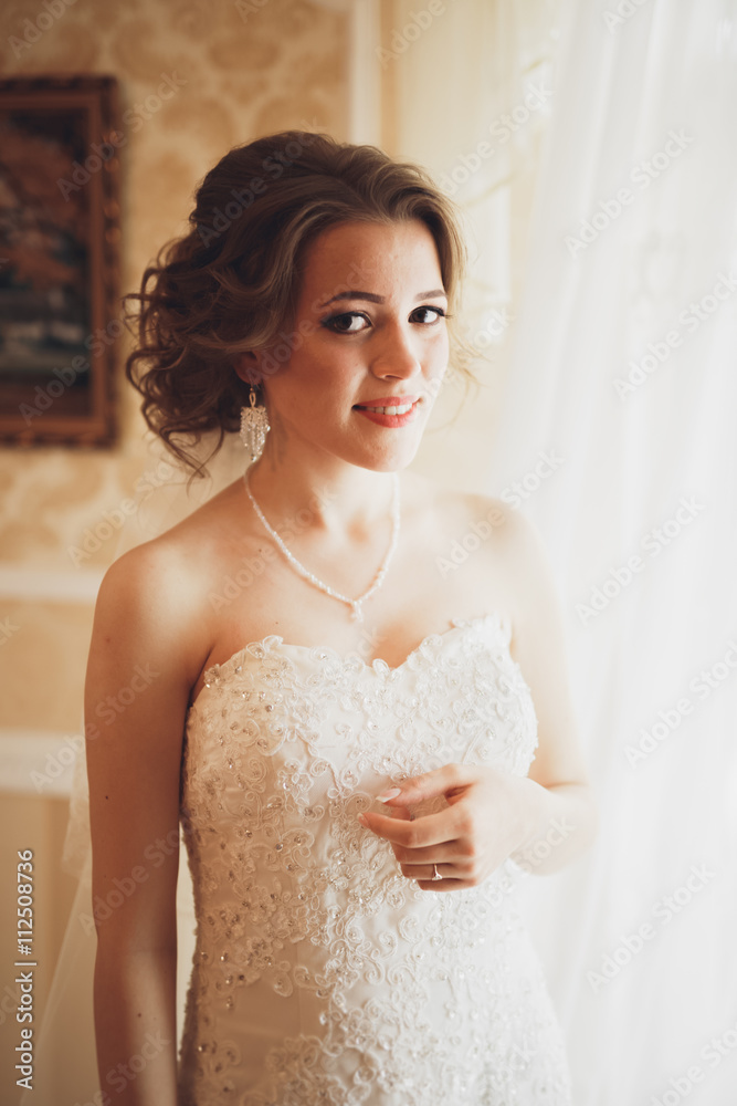 Portrait of beautiful bride with fashion veil and dress at wedding morning Portrait of beautiful bride with fashion veil and dress at wedding morning