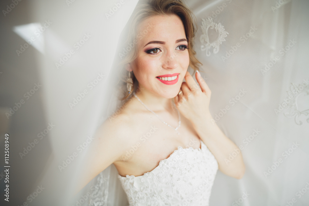 Luxury bride in white dress posing while preparing for the wedding ceremony Luxury bride in white dress posing while preparing for the wedding ceremony