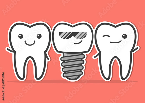 Cartoon dental implant and teeth.