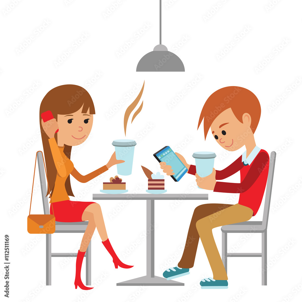 Couple sitting in the cafe, flirting and talking about something. Flat modern illustration of students using laptop, phone.