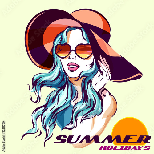 Girl in Sunglasses Beach style and summer logo. Beach Hat and sunglasses love shape. Isolated on white colorful sketch illustration with summer holidays logo.