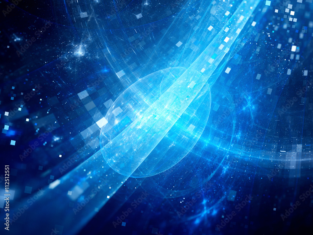 Obraz premium Blue glowing space bubble with squares technology background