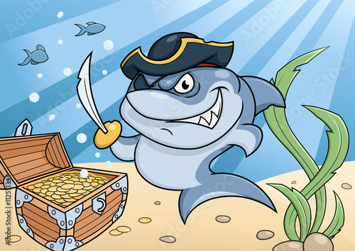Shark pirate and treasure chest
