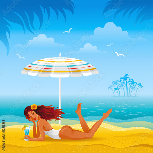 Beach background with beautiful tan girl lazing under the umbrella
