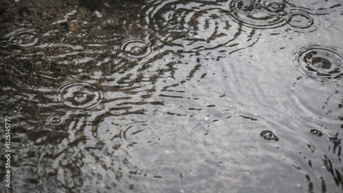 Rain drops on asphalt or tarmac road creating ripples