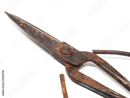 Old rusty scissors on white background