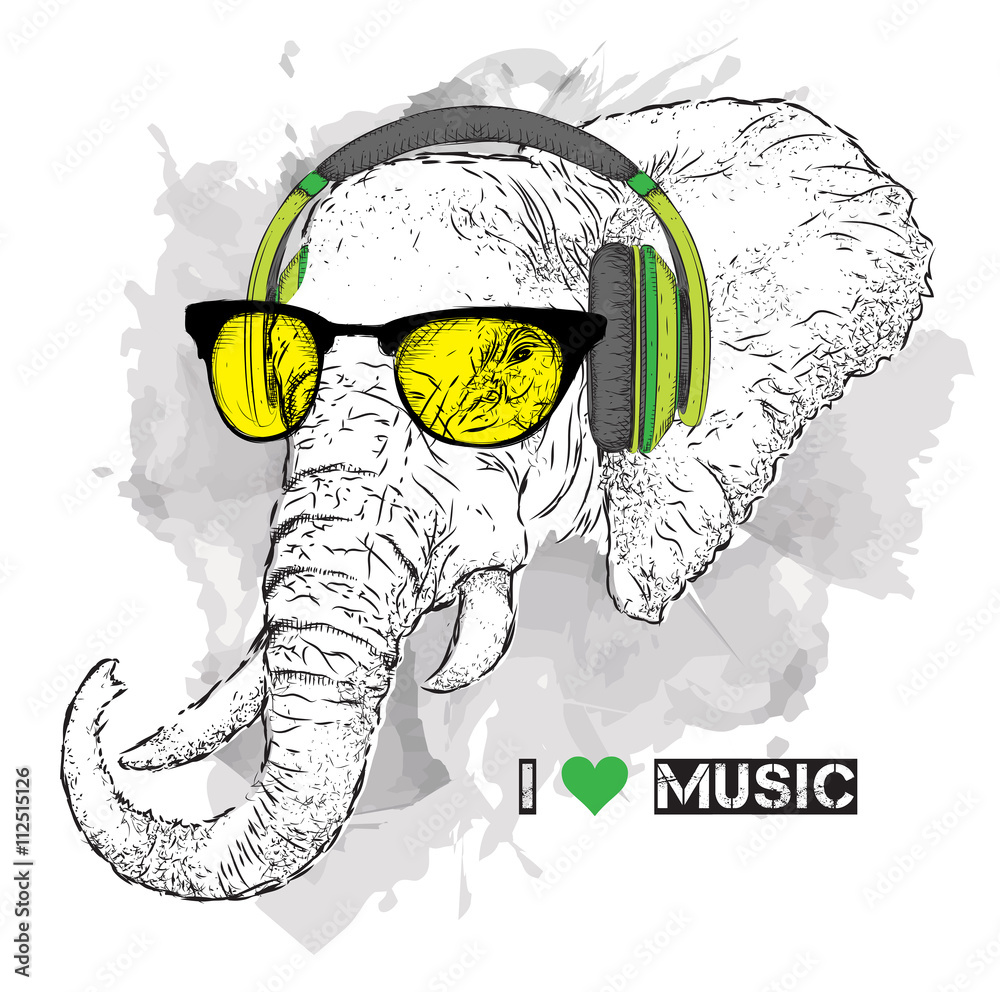 Φωτογραφία Illustration of elephant hipster dressed up in t-shirt, pants and  in the glasses and headphones