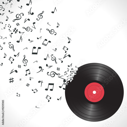 Abstract music background with notes and vinyl. Musical backdrop. Music Notes isolated. Music vinyl object