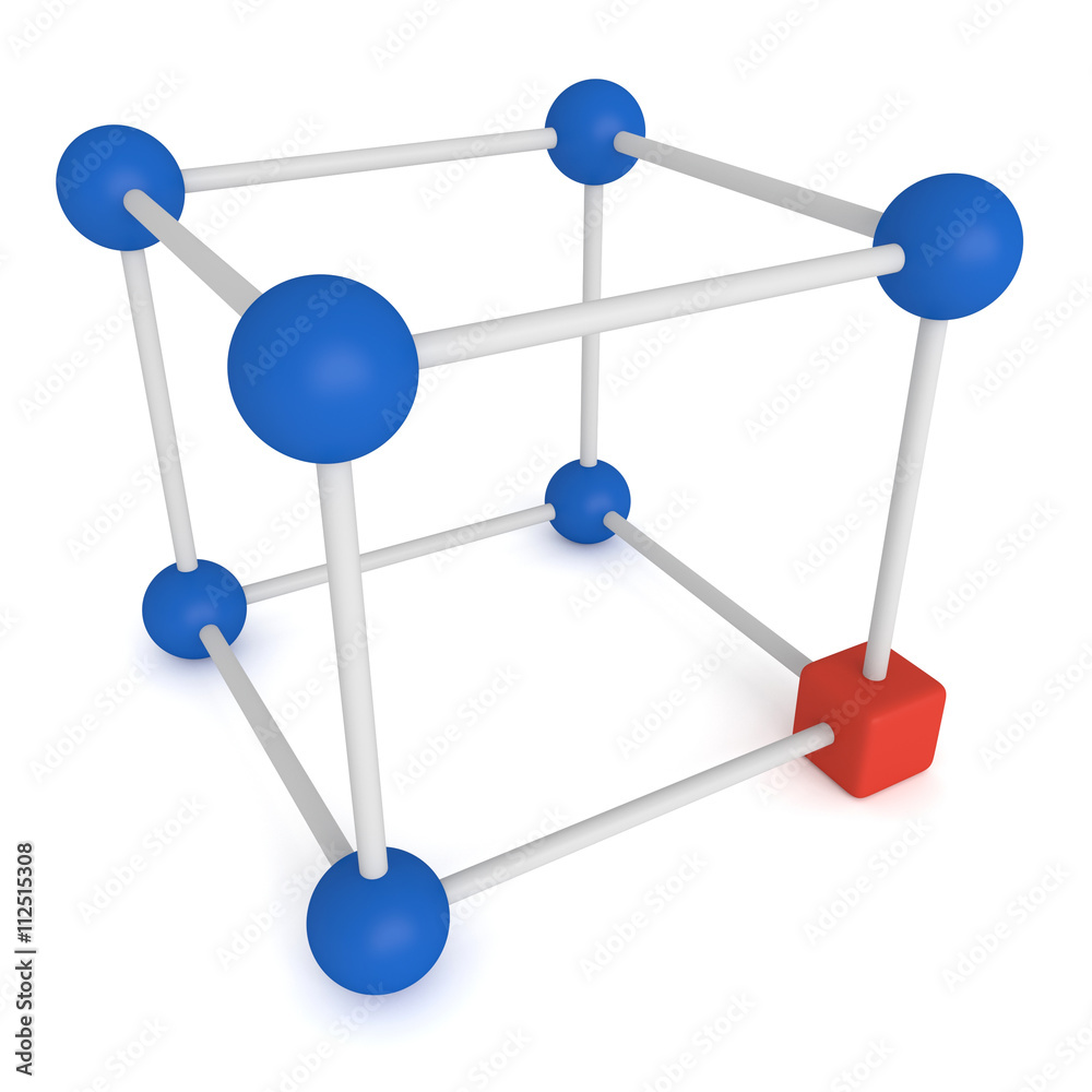 Cube system -blue spheres and red cube, 3d illustration Cube system -blue spheres and red cube, 3d illustration