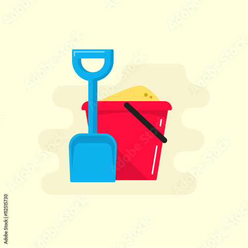 Bucket and spade with sand vector illustration flat icon isolated, kid toys tools symbol, pail shovel label, bucket and spade modern design banner, sandbox place sign ribbon design concept