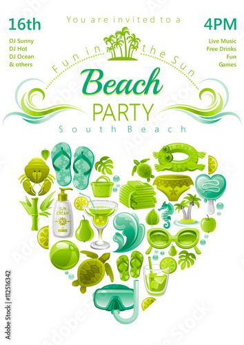 Beach party invitation in green, lima and mint colors