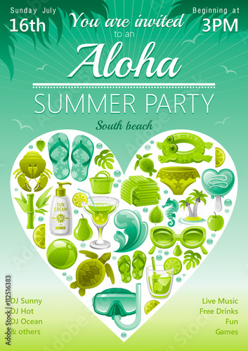 Beach party invitation in green, lima and mint colors