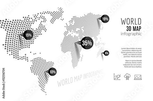 Fototapeta Naklejka Na Ścianę i Meble -  World map infographic. 3D map concept with percents and pins