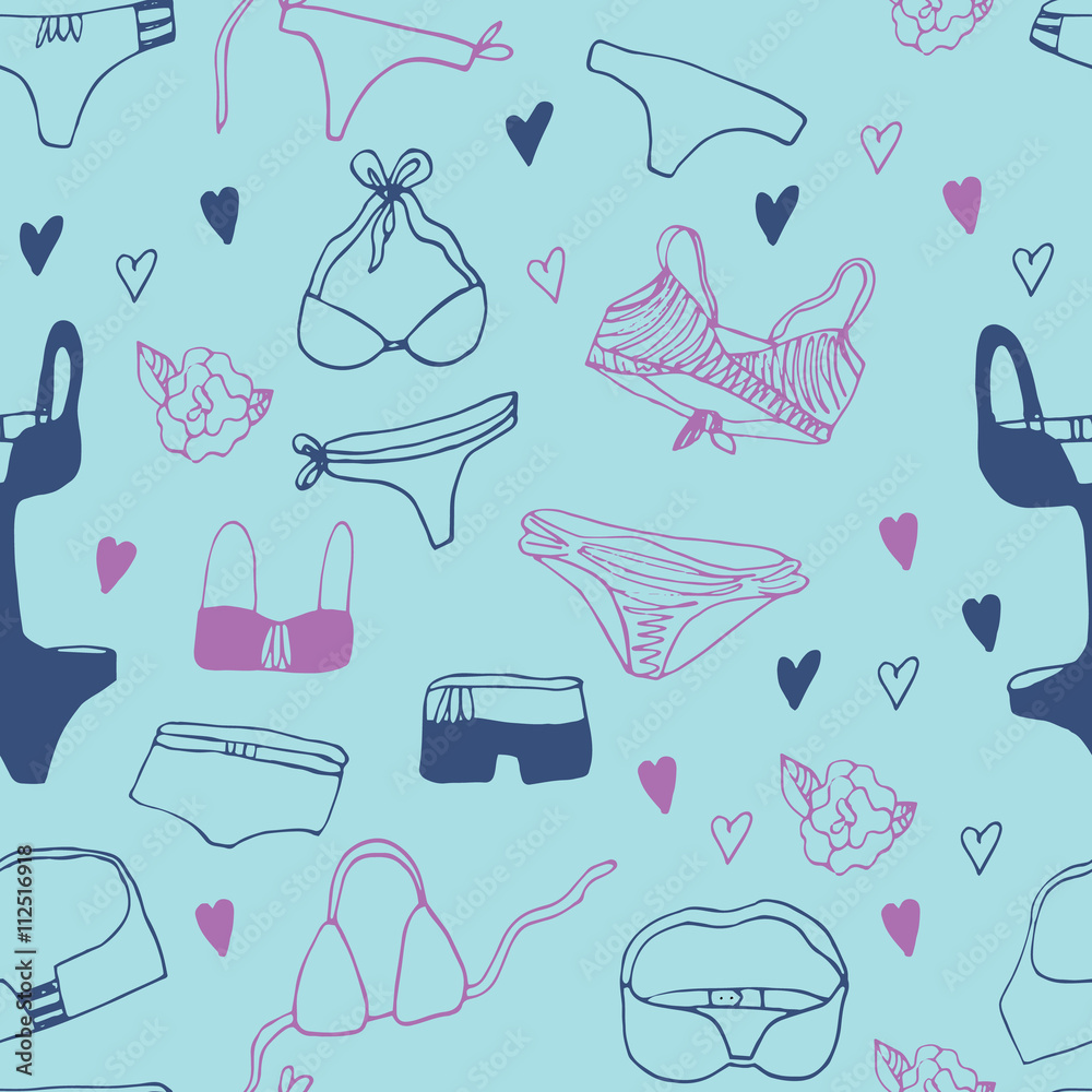 Adorable hand drawn swimsuits. Seamless vector set. Perfect for summer vacation design.