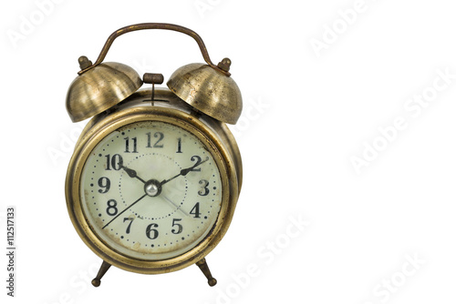 old vintage gold alarm clock isolated on white background with copy space, clipping path