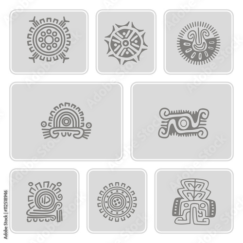 Set of monochrome icons with American Indians art and ethnic ornaments