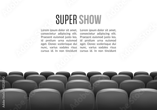 Movie theater with row of gray seats. Premiere event template. Super Show design. Presentation concept with place for text
