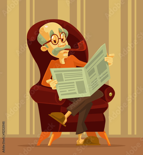 Old man reading newspaper. Grandfather smoking. Vector flat cartoon illustration