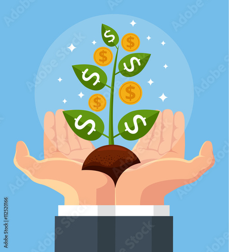 Vector finance concept. Money tree in hand. Investing money. Hand hold money tree