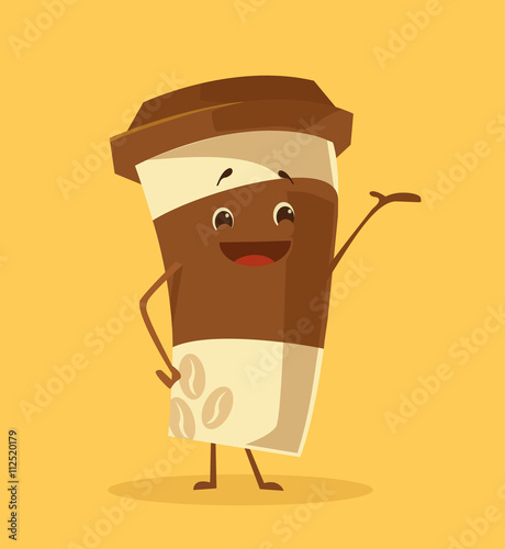 Cartoon coffee cup. Take away coffee. Happy cup of coffee. Vector flat cartoon illustration