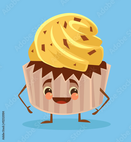 Cupcake poster. Cupcake with funny face. Cupcake character. Vector flat cartoon illustration