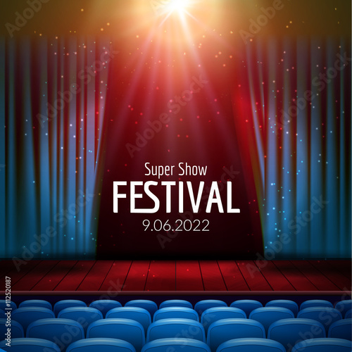 Vector Festive design with lights and wooden scene and seats. Poster for concert, party, theater, dance template. Wooden Stage with Curtains. Poster Template with Lights.