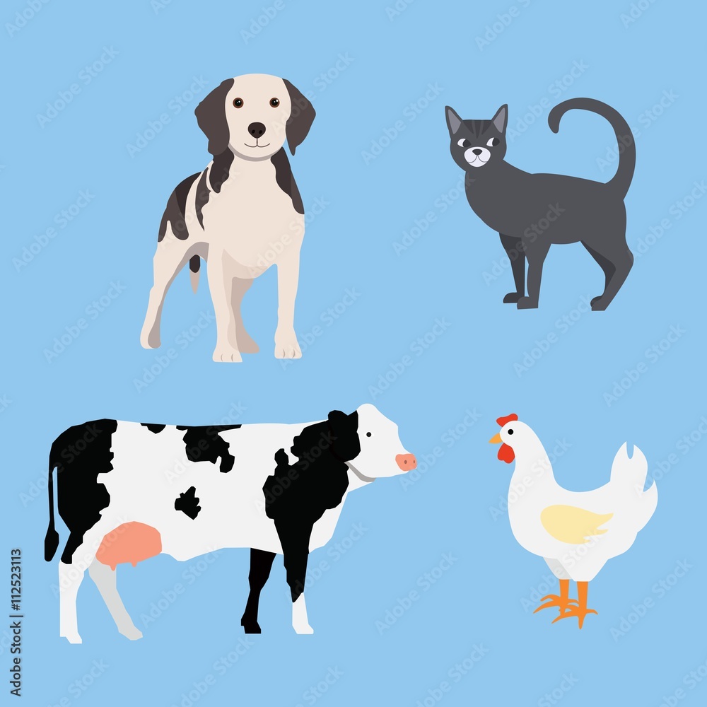 Farm animals set: dog, cat, cow, chicken
