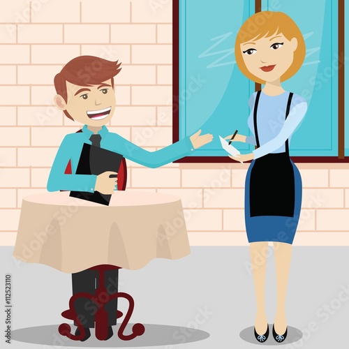 Waitress in a restaurant serving male customer and writing the order