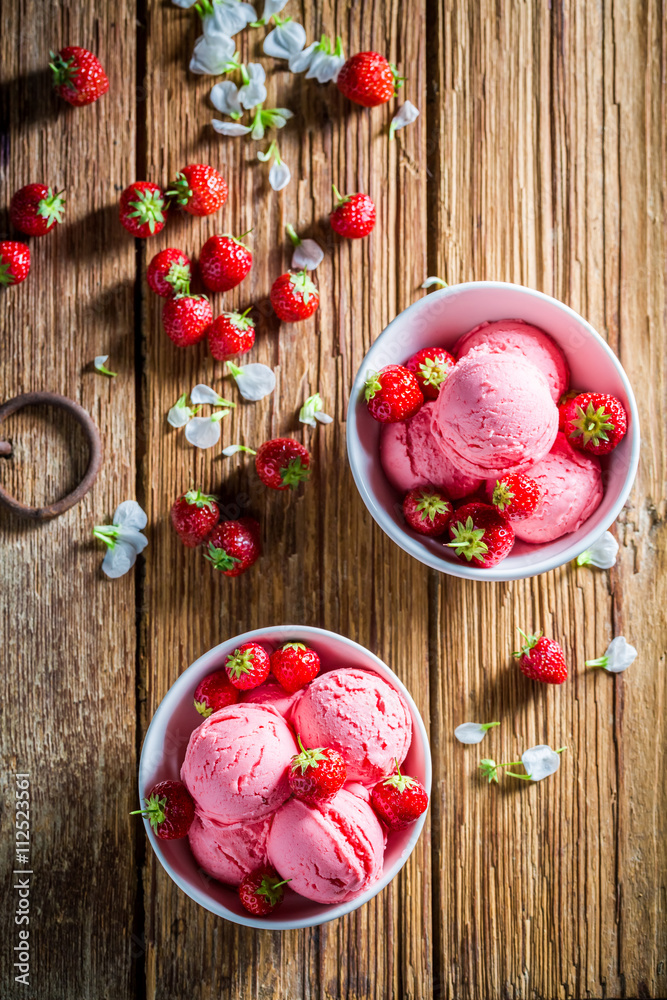Homemade strawberries ice cream with mint leaves