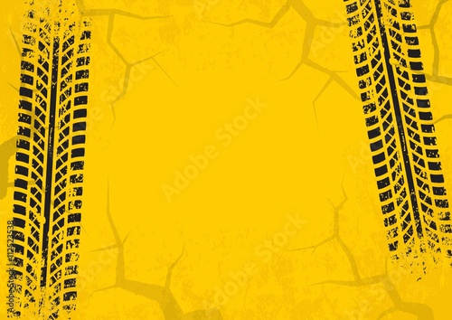 Tire tracks background with cracked and grunge effect. Black on yellow background. Vector