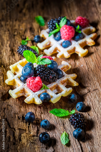 Homemade berry fruits with waffels on wooden bark