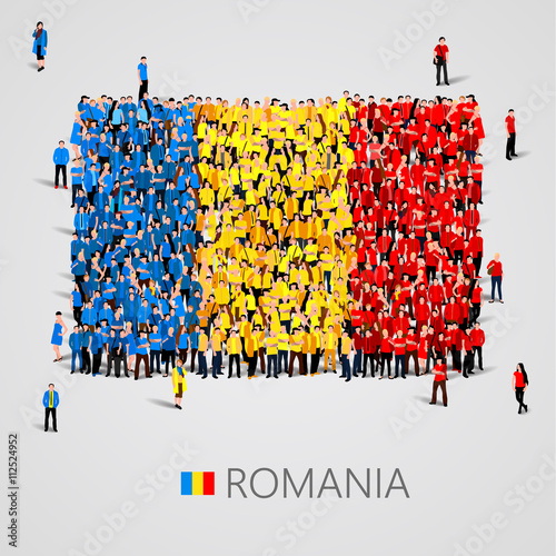 Large group of people in the Romania flag shape.