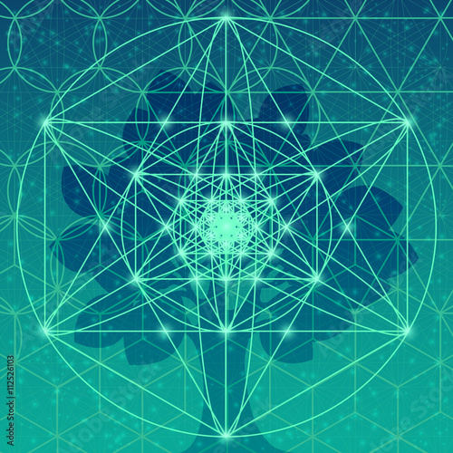 Tree with sacred geometry symbols and elements. Sacred mesh background. Alchemy, religion, philosophy, astrology and spirituality themes. Sacred mesh with triangles, circles and squares