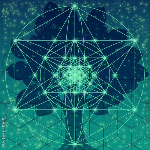 Tree with sacred geometry symbols and elements. Sacred mesh background. Alchemy, religion, philosophy, astrology and spirituality themes. Geometric religion sign.
